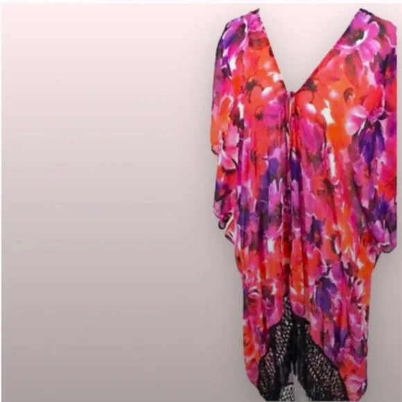 Open Front Floral Fringe Sheer Kimono Colorful Paisley/ Fringe - Picture 2 of 3